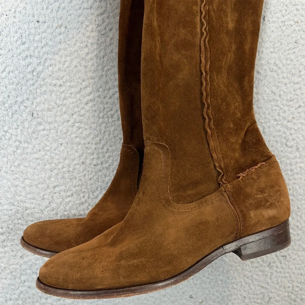 Frye Cara Tall Boots Womens 10 B Brown Suede Western Slouchy Whipstitch Slip On